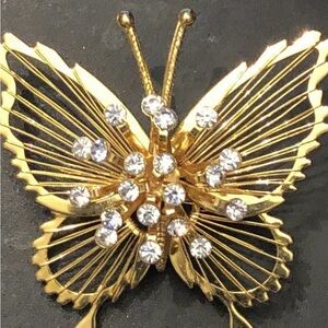 Monet 1980's Vintage Gold Plated Butterfly Brooch/Pin Clear Sparkling Crystals